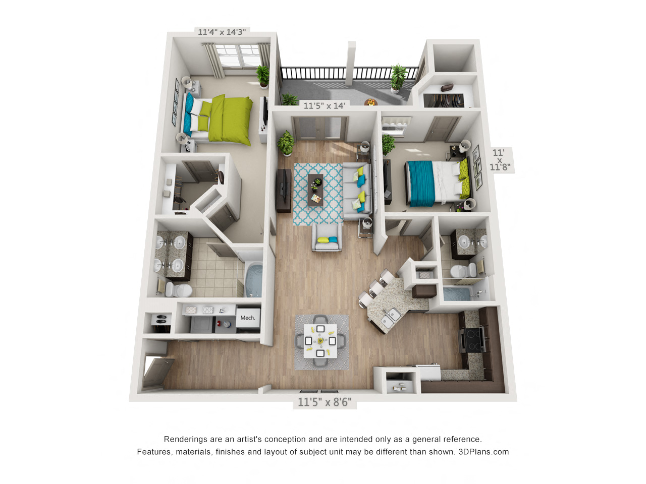 Two bedroom apartment floor plan rendering